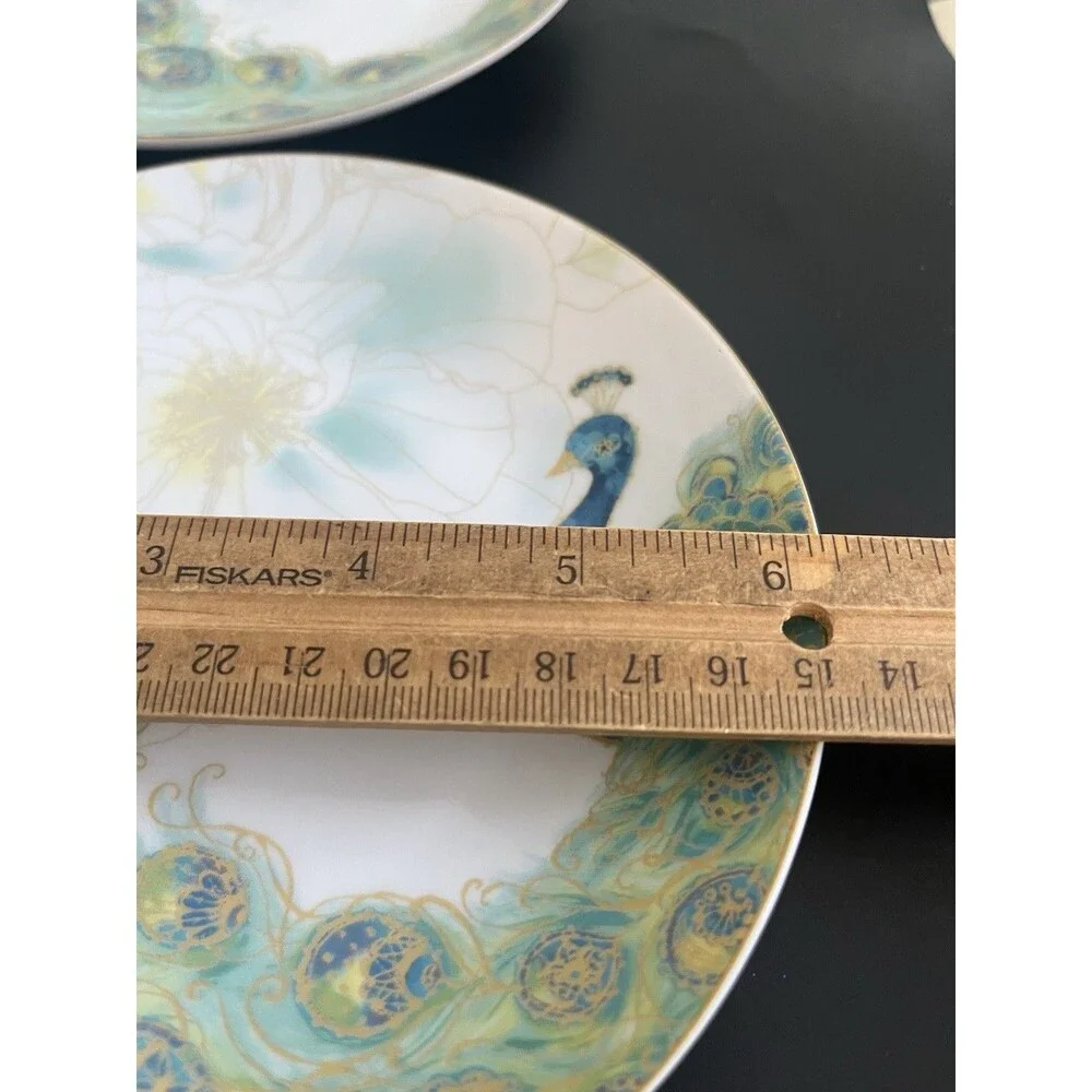 Lakshmi Turquoise Teal Gold Peacock Feathers Bowls Plates  222 Fifth 4pc